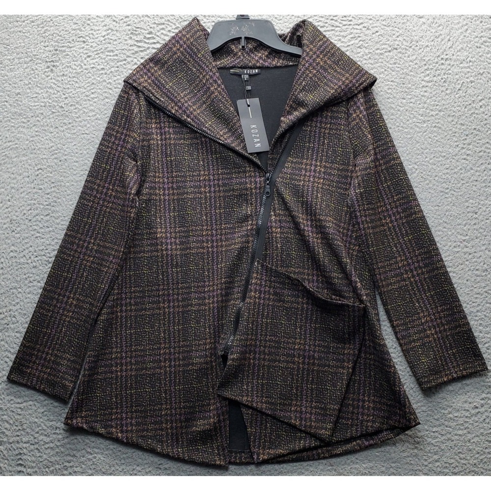 Kozan Jacket Womens Small Multi Plaid Long Sleeve Shawl Collar Asymmetric Zipper